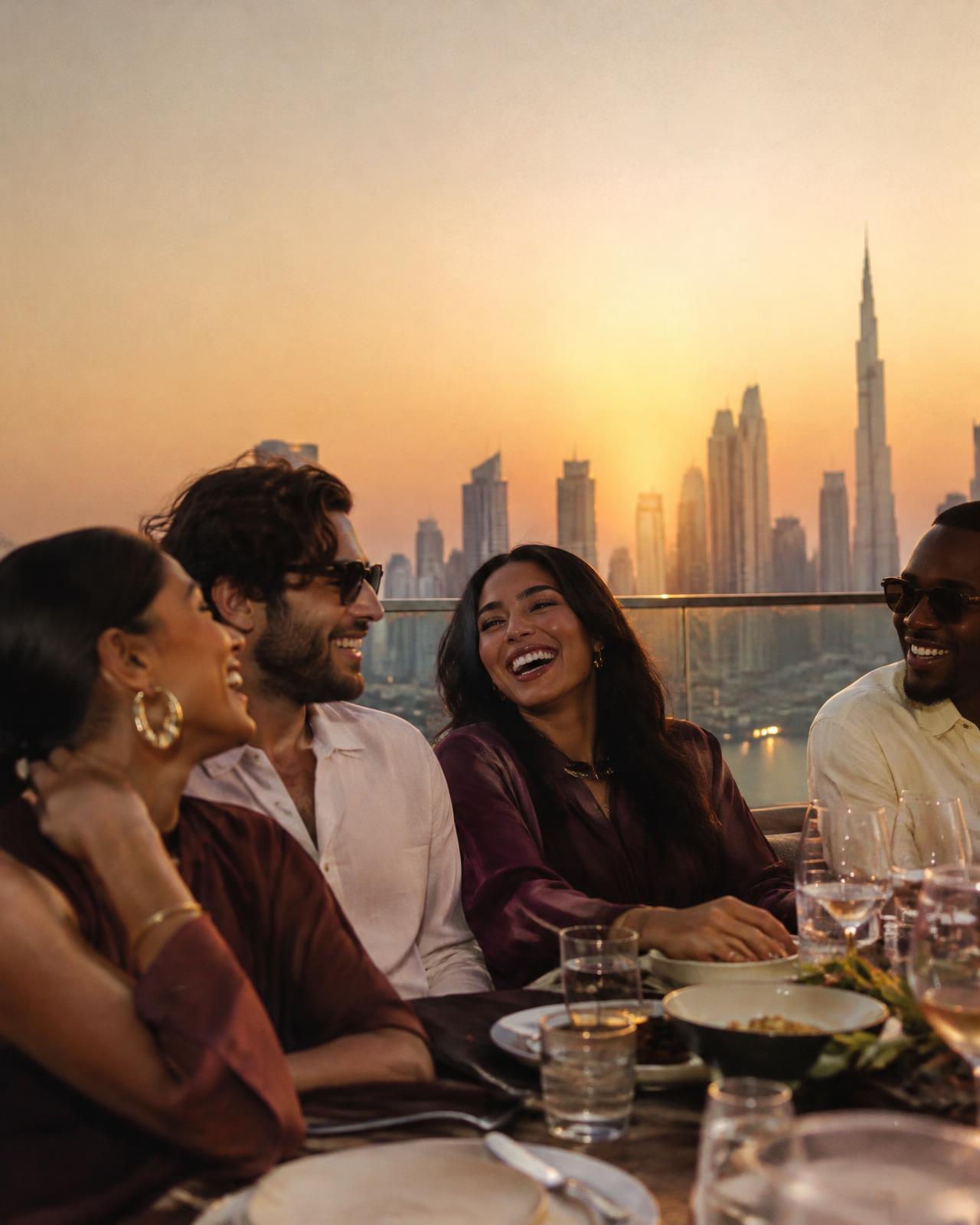 Friends laughing at a rooftop dinner in Dubai